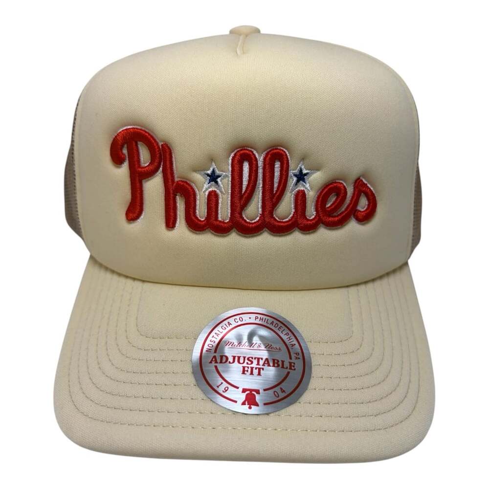 Mitchell & Ness Philadelphia Phillies Script Trucker Snapback Hat Cream